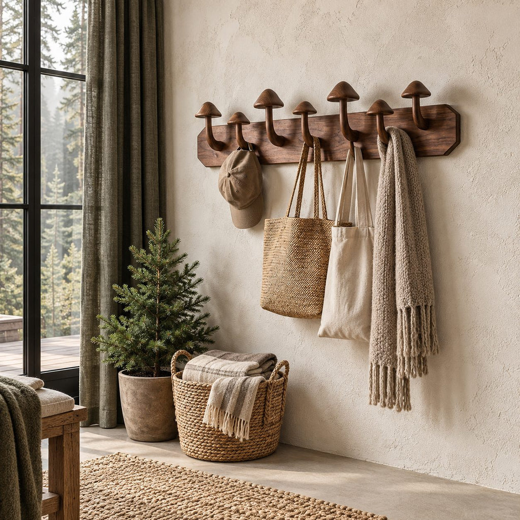 Mushroom Peg Wall Coat Rack, Solid Wood Plank with Carved Mushroom Hooks for Entryway, 32-47 Inch Wide