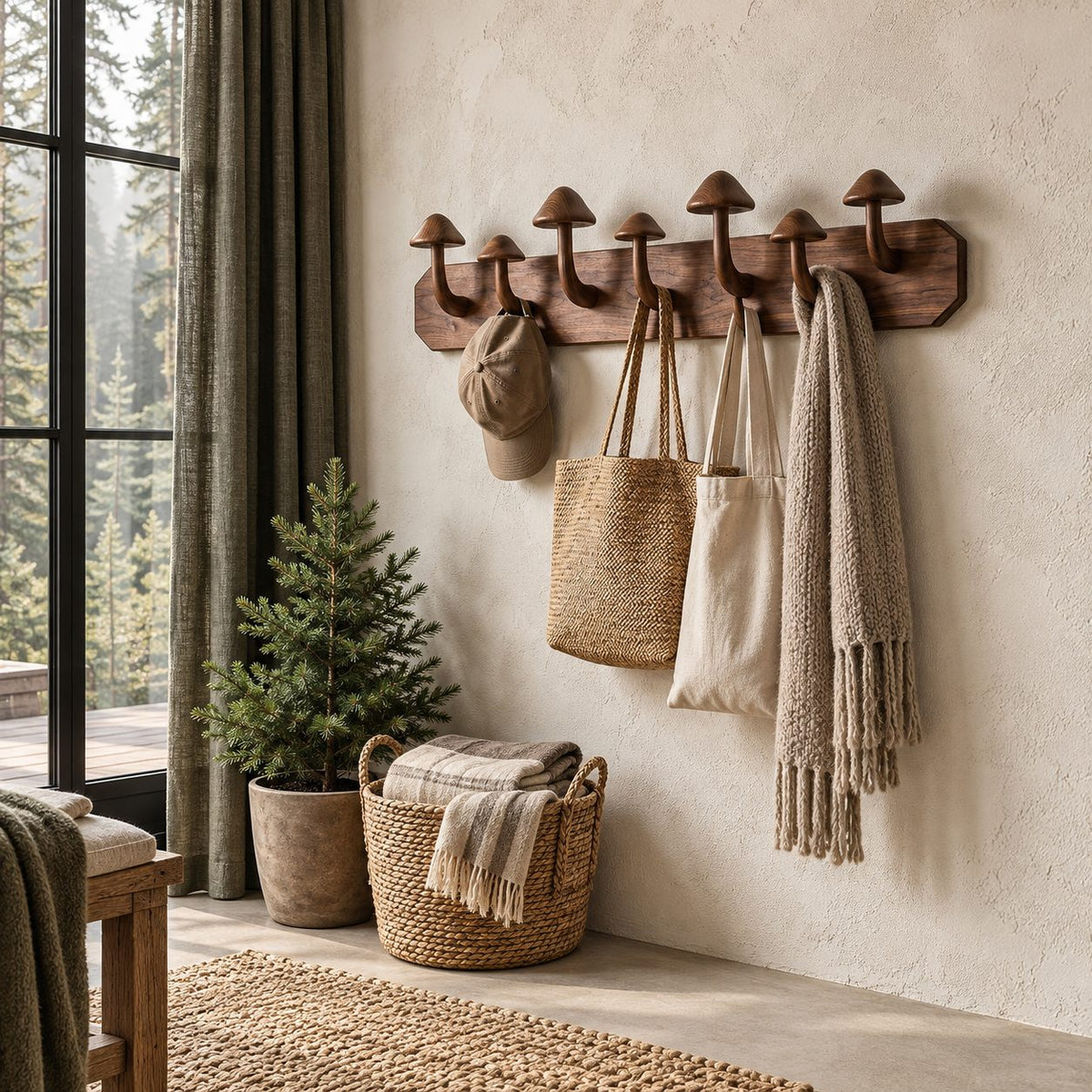 Mushroom Peg Wall Coat Rack, Solid Wood Plank with Carved Mushroom Hooks for Entryway, 32-47 Inch Wide