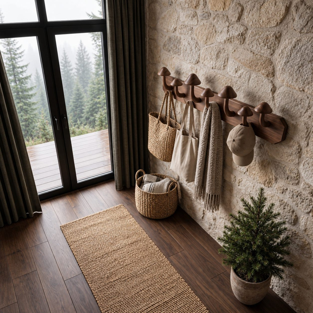 Mushroom Peg Wall Coat Rack, Solid Wood Plank with Carved Mushroom Hooks for Entryway, 32-47 Inch Wide