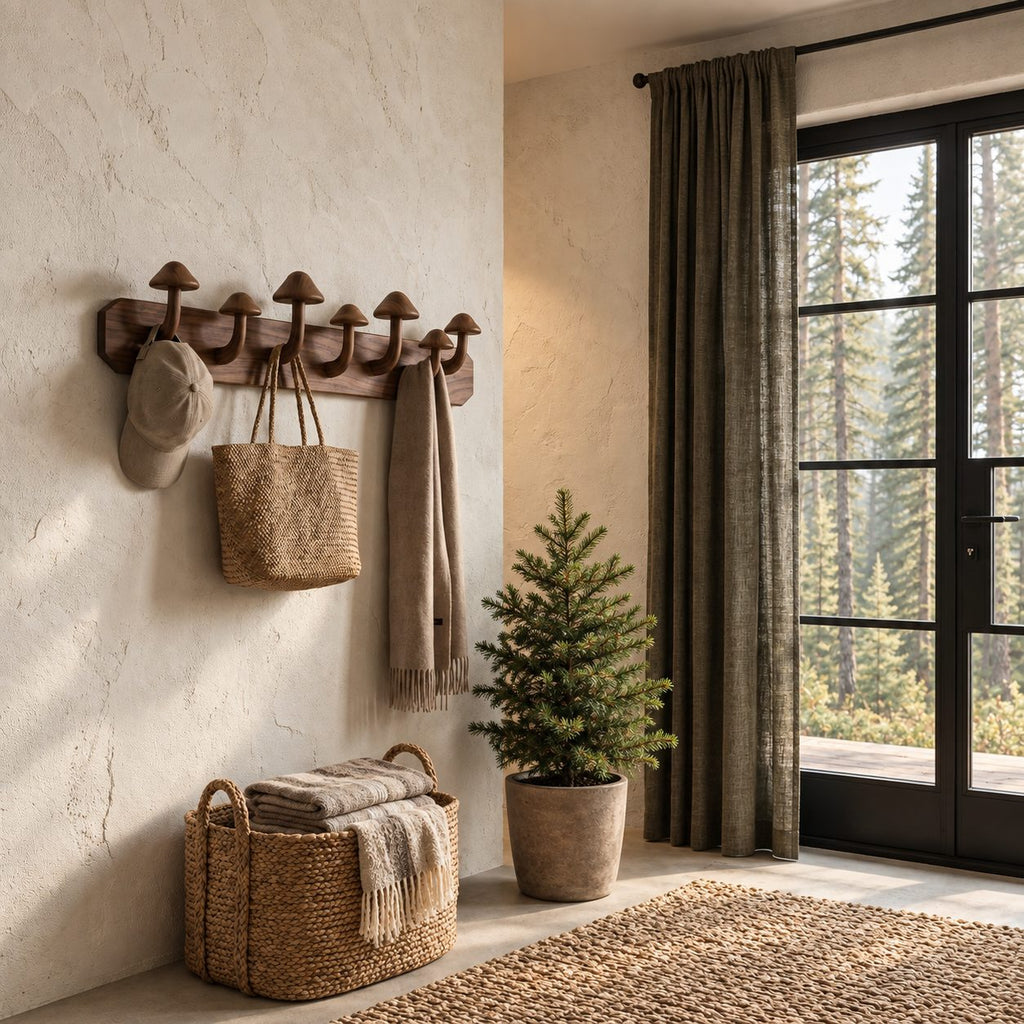 Mushroom Peg Wall Coat Rack, Solid Wood Plank with Carved Mushroom Hooks for Entryway, 32-47 Inch Wide