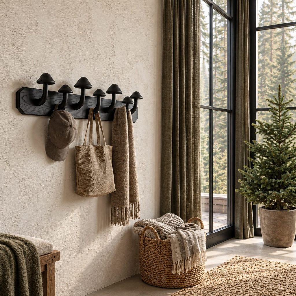 Mushroom Peg Wall Coat Rack, Solid Wood Plank with Carved Mushroom Hooks for Entryway, 32-47 Inch Wide