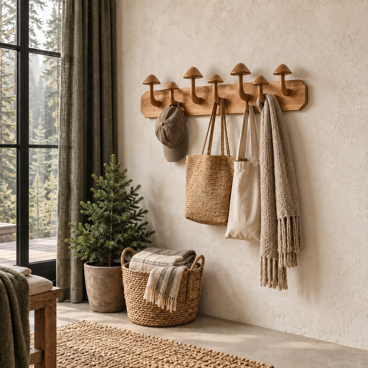 Mushroom Peg Wall Coat Rack, Solid Wood Plank with Carved Mushroom Hooks for Entryway, 32-47 Inch Wide