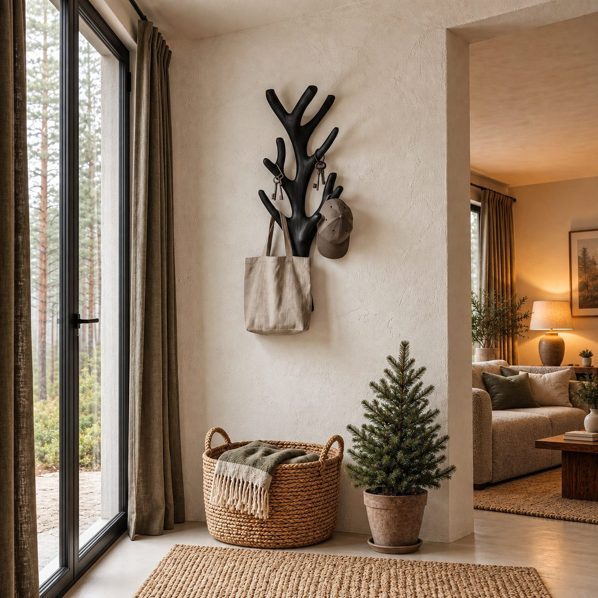 Vertical Tree Wall Coat Rack, Carved Solid Wood Branch Hanger for Hallway and Entryway, 51 or 67 Inch Tall