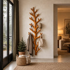 Tall Fir Branch Wall Coat Rack, Vertical Carved Solid Wood Tree Hanger with Many Hooks, 63-79 Inch