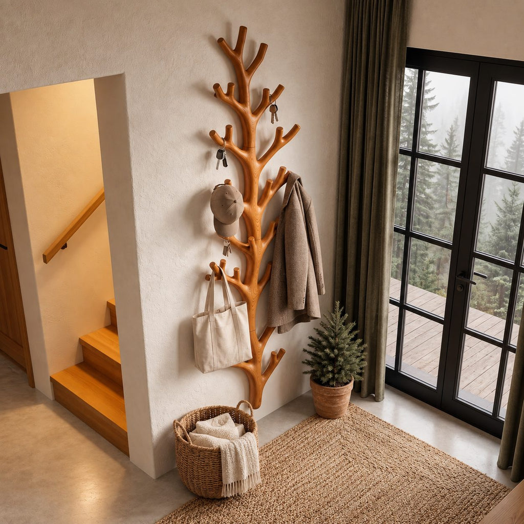 Tall Fir Branch Wall Coat Rack, Vertical Carved Solid Wood Tree Hanger with Many Hooks, 63-79 Inch