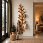 Tall Fir Branch Wall Coat Rack, Vertical Carved Solid Wood Tree Hanger with Many Hooks, 63-79 Inch