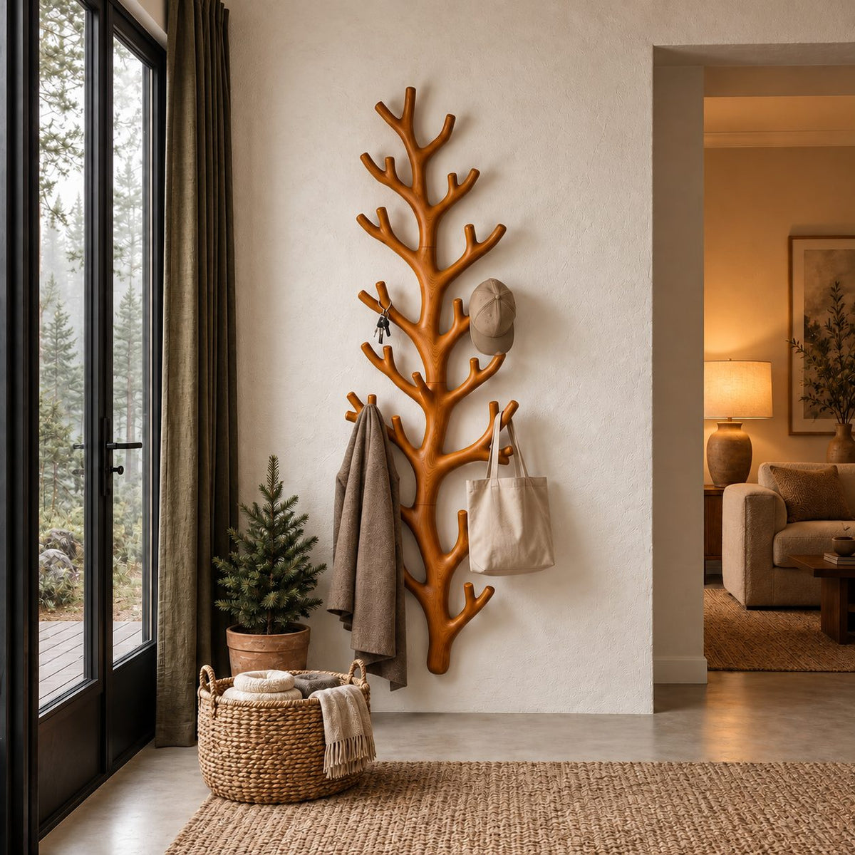 Tall Fir Branch Wall Coat Rack, Vertical Carved Solid Wood Tree Hanger with Many Hooks, 63-79 Inch