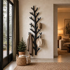 Tall Fir Branch Wall Coat Rack, Vertical Carved Solid Wood Tree Hanger with Many Hooks, 63-79 Inch