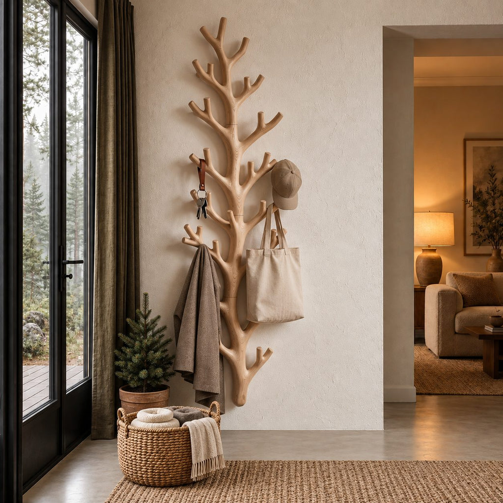 Tall Fir Branch Wall Coat Rack, Vertical Carved Solid Wood Tree Hanger with Many Hooks, 63-79 Inch