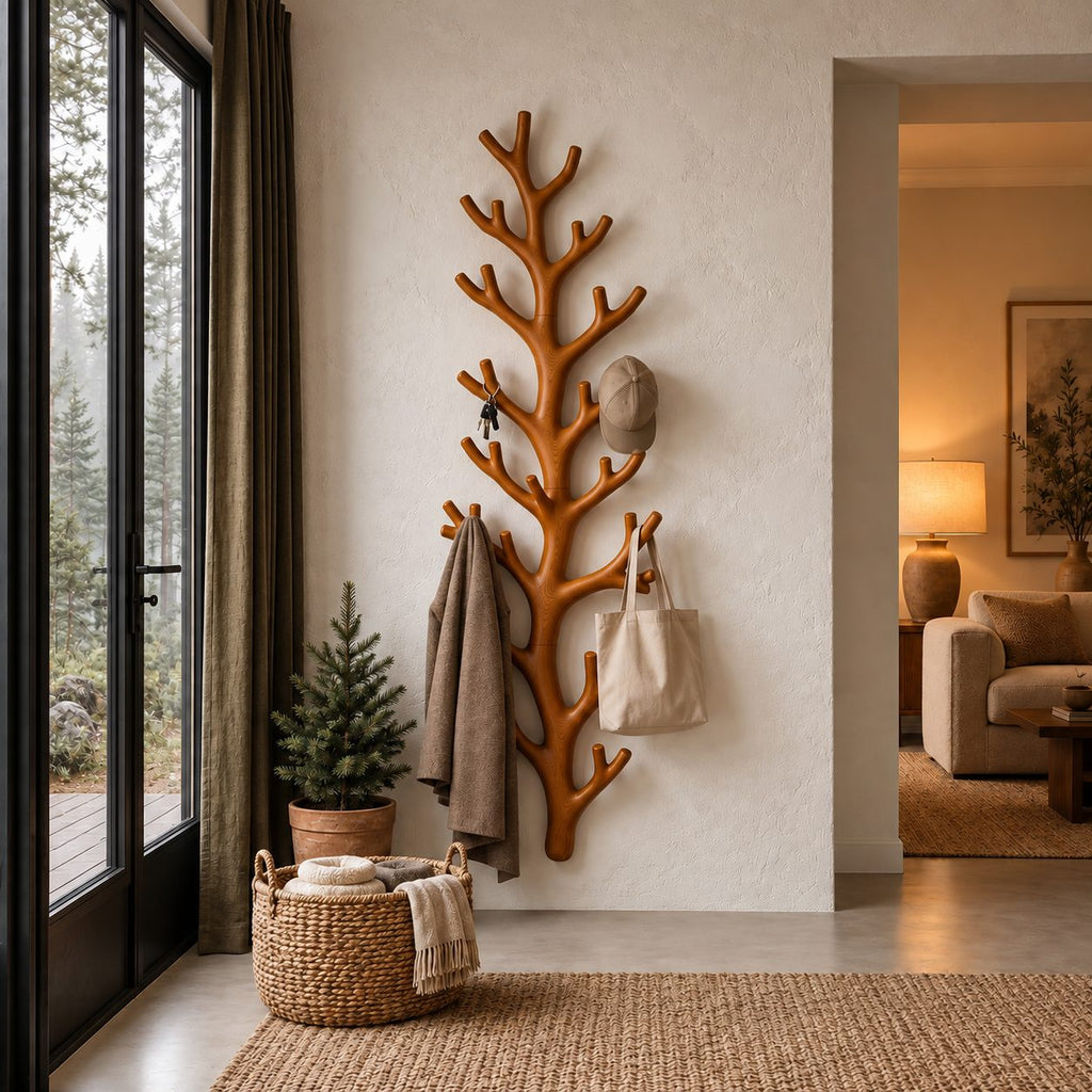 Tall Fir Branch Wall Coat Rack, Vertical Carved Solid Wood Tree Hanger with Many Hooks, 63-79 Inch