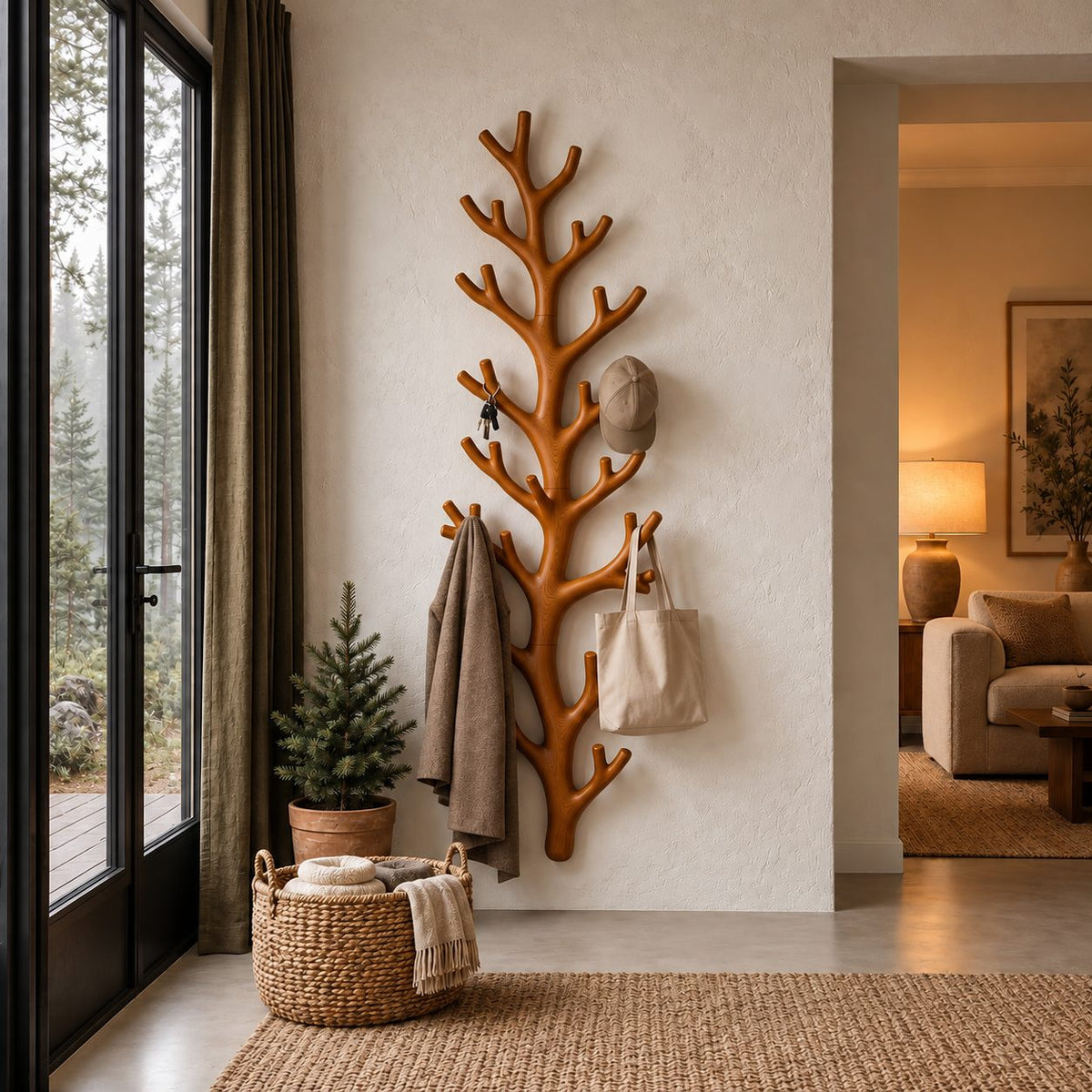 Tall Fir Branch Wall Coat Rack, Vertical Carved Solid Wood Tree Hanger with Many Hooks, 63-79 Inch