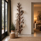 Tall Fir Branch Wall Coat Rack, Vertical Carved Solid Wood Tree Hanger with Many Hooks, 63-79 Inch