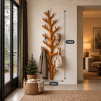 Tall Fir Branch Wall Coat Rack, Vertical Carved Solid Wood Tree Hanger with Many Hooks, 63-79 Inch