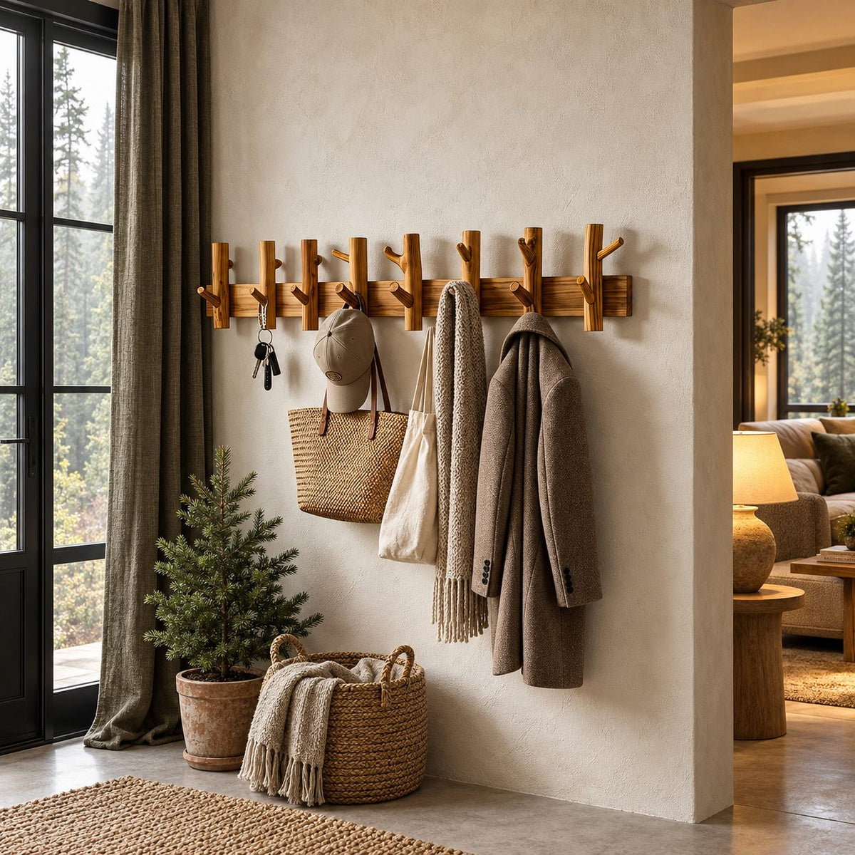 Upturned Peg Wall Coat Rack, Solid Wood Bar with Paired Branch-Style Hooks for Entryway, 31-67 Inch