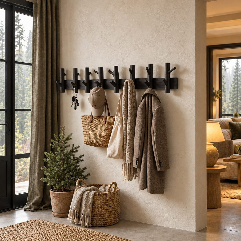 Upturned Peg Wall Coat Rack, Solid Wood Bar with Paired Branch-Style Hooks for Entryway, 31-67 Inch