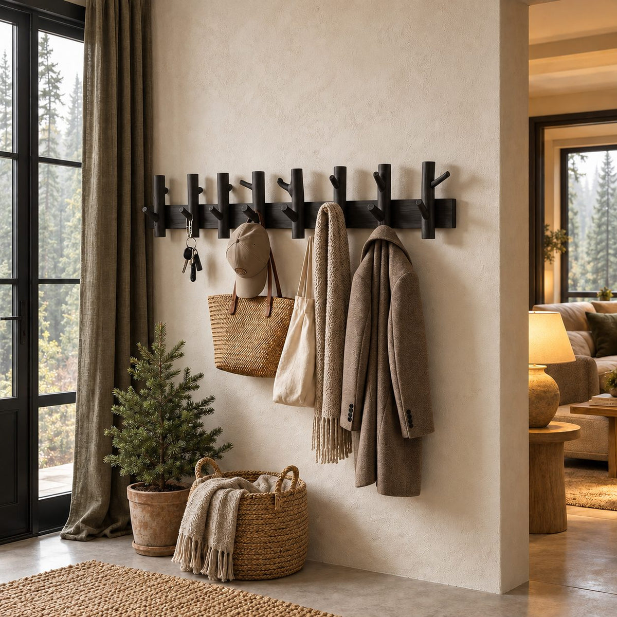 Upturned Peg Wall Coat Rack, Solid Wood Bar with Paired Branch-Style Hooks for Entryway, 31-67 Inch