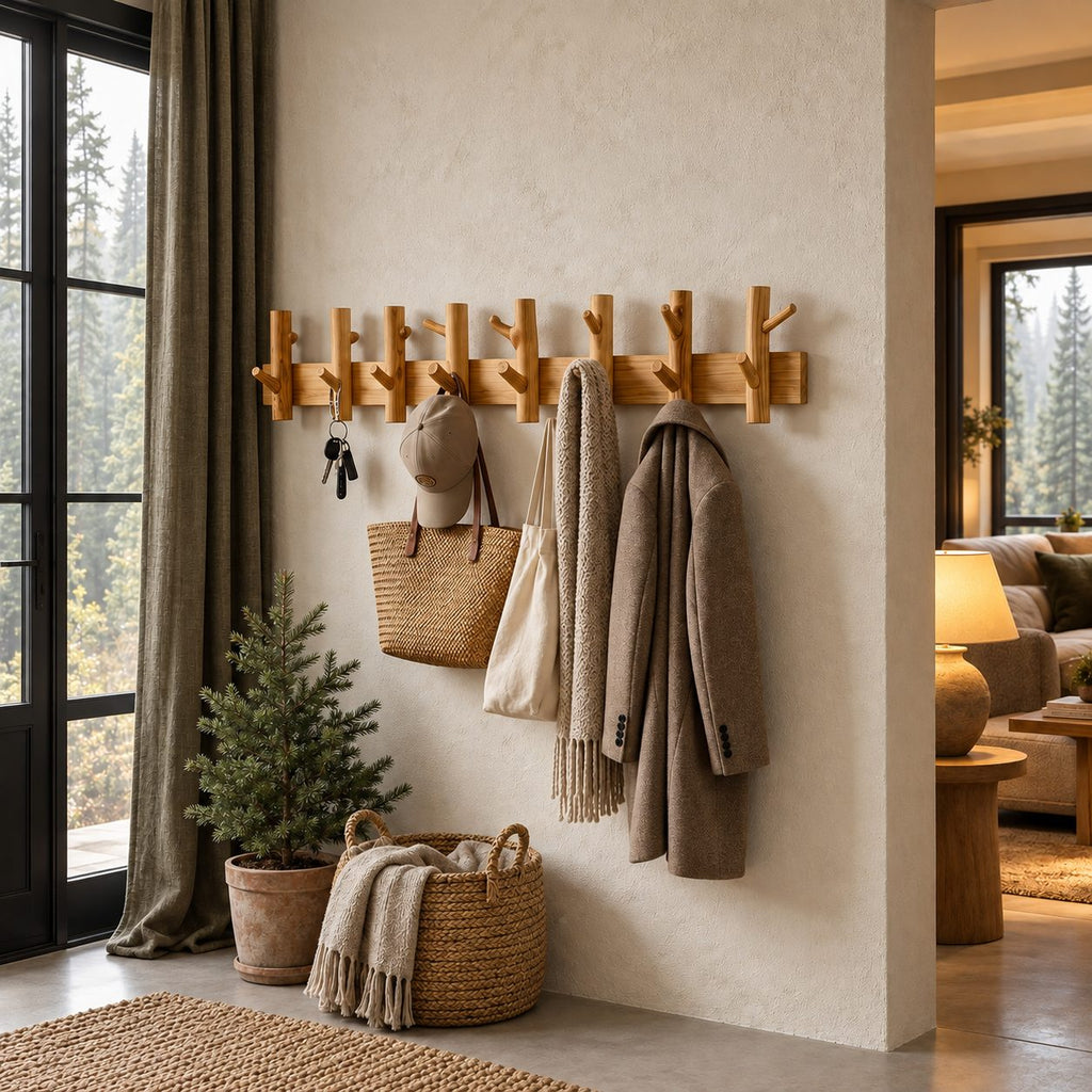 Upturned Peg Wall Coat Rack, Solid Wood Bar with Paired Branch-Style Hooks for Entryway, 31-67 Inch