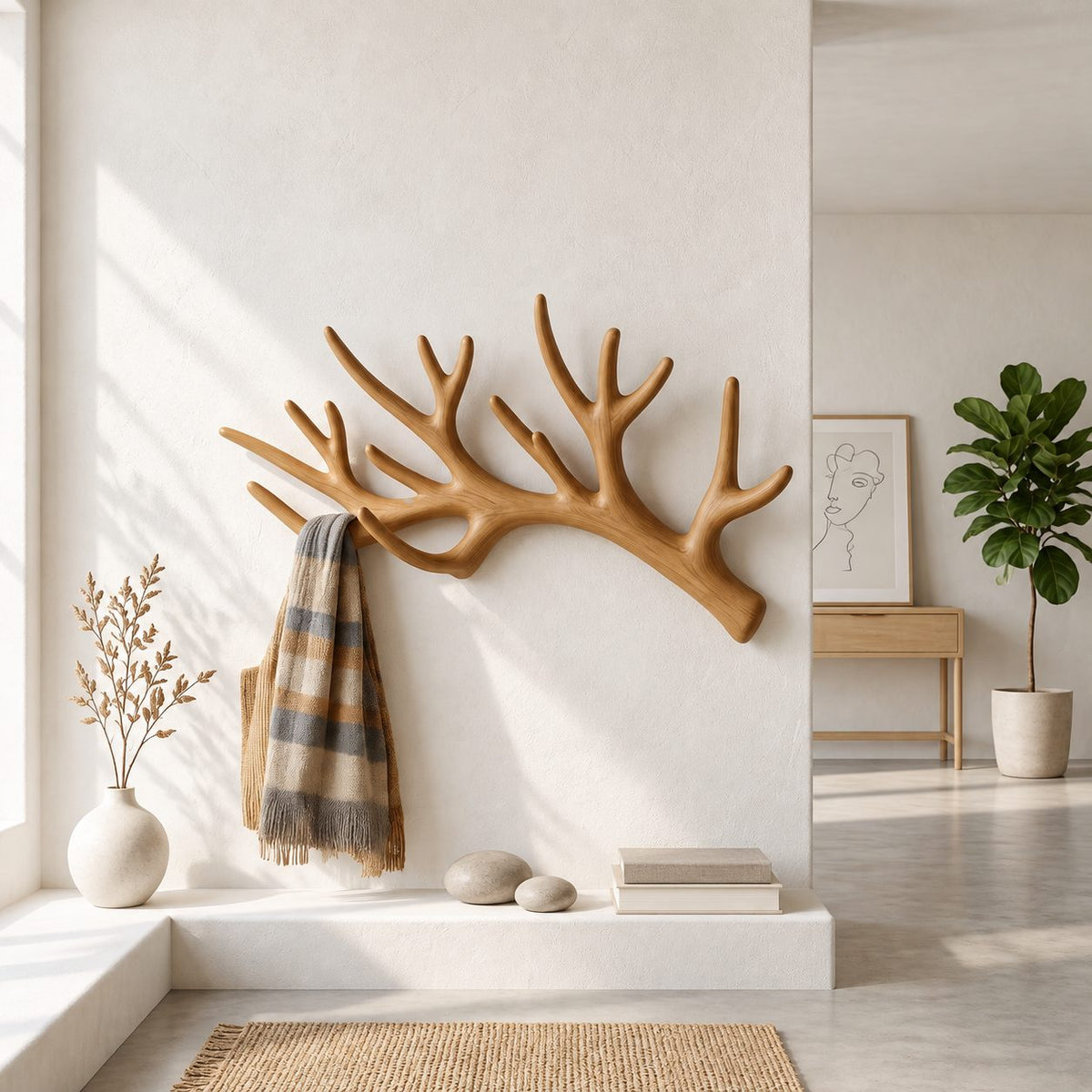 Sweeping Antler Wall Coat Rack, Smooth Carved Solid Wood Single Antler Hanger, 31-67 Inch Wide