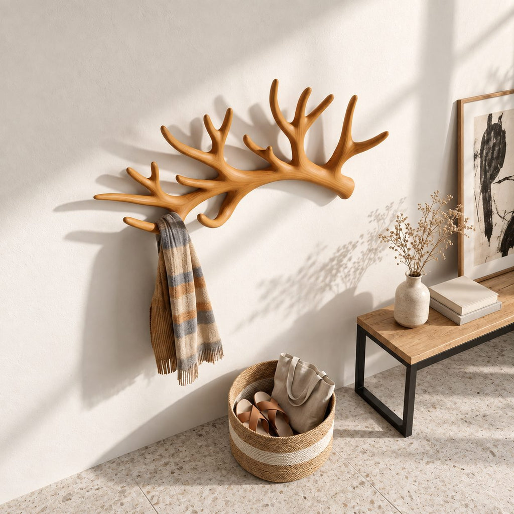 Sweeping Antler Wall Coat Rack, Smooth Carved Solid Wood Single Antler Hanger, 31-67 Inch Wide