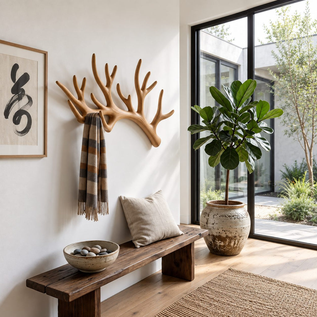 Sweeping Antler Wall Coat Rack, Smooth Carved Solid Wood Single Antler Hanger, 31-67 Inch Wide