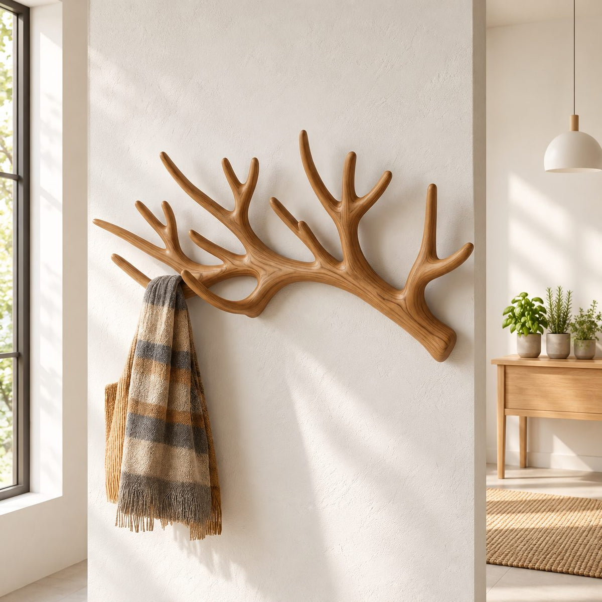 Sweeping Antler Wall Coat Rack, Smooth Carved Solid Wood Single Antler Hanger, 31-67 Inch Wide