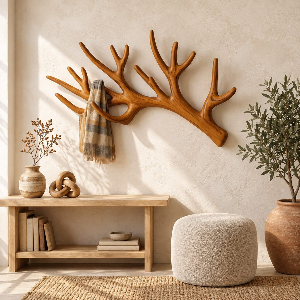 Sweeping Antler Wall Coat Rack, Smooth Carved Solid Wood Single Antler Hanger, 31-67 Inch Wide
