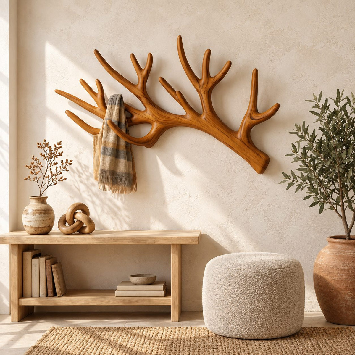 Sweeping Antler Wall Coat Rack, Smooth Carved Solid Wood Single Antler Hanger, 31-67 Inch Wide