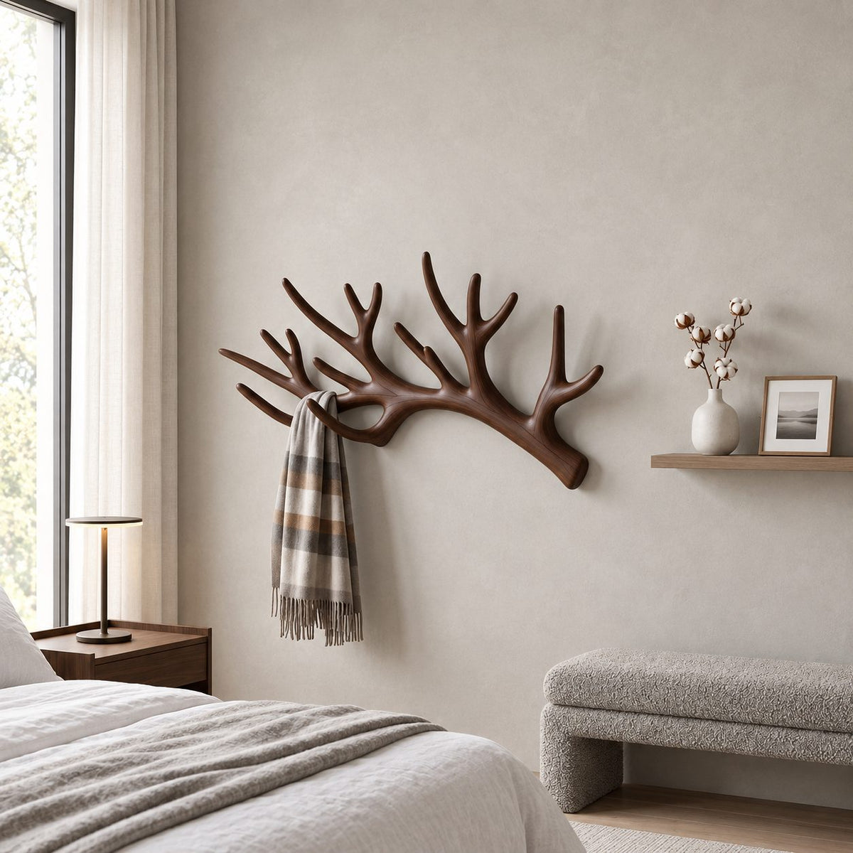 Sweeping Antler Wall Coat Rack, Smooth Carved Solid Wood Single Antler Hanger, 31-67 Inch Wide