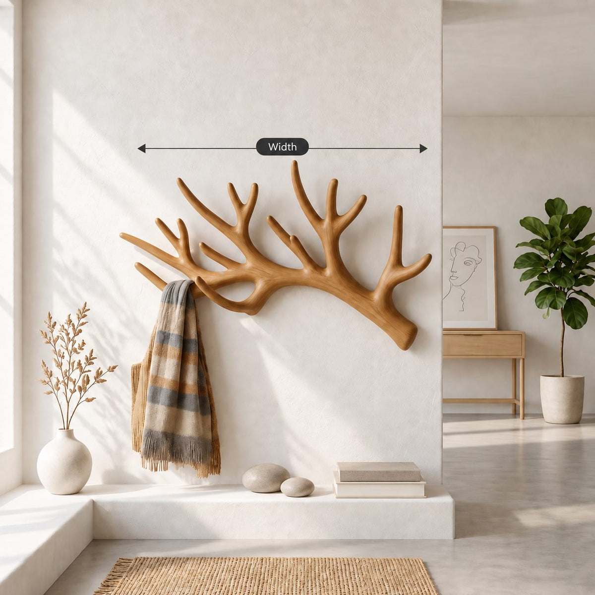 Sweeping Antler Wall Coat Rack, Smooth Carved Solid Wood Single Antler Hanger, 31-67 Inch Wide