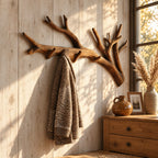 Forked Tree Branch Wall Coat Rack with Peg Hooks, Long Carved Solid Wood Hanger, 60-80 Inch
