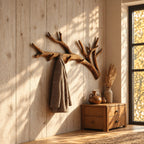 Forked Tree Branch Wall Coat Rack with Peg Hooks, Long Carved Solid Wood Hanger, 60-80 Inch