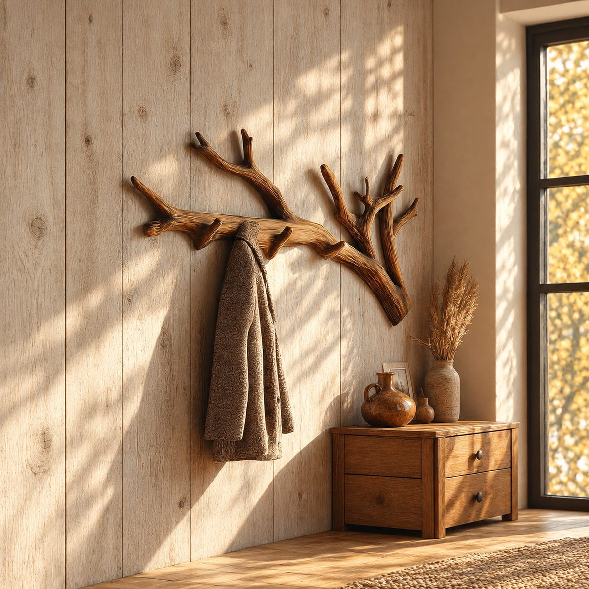 Forked Tree Branch Wall Coat Rack with Peg Hooks, Long Carved Solid Wood Hanger, 60-80 Inch