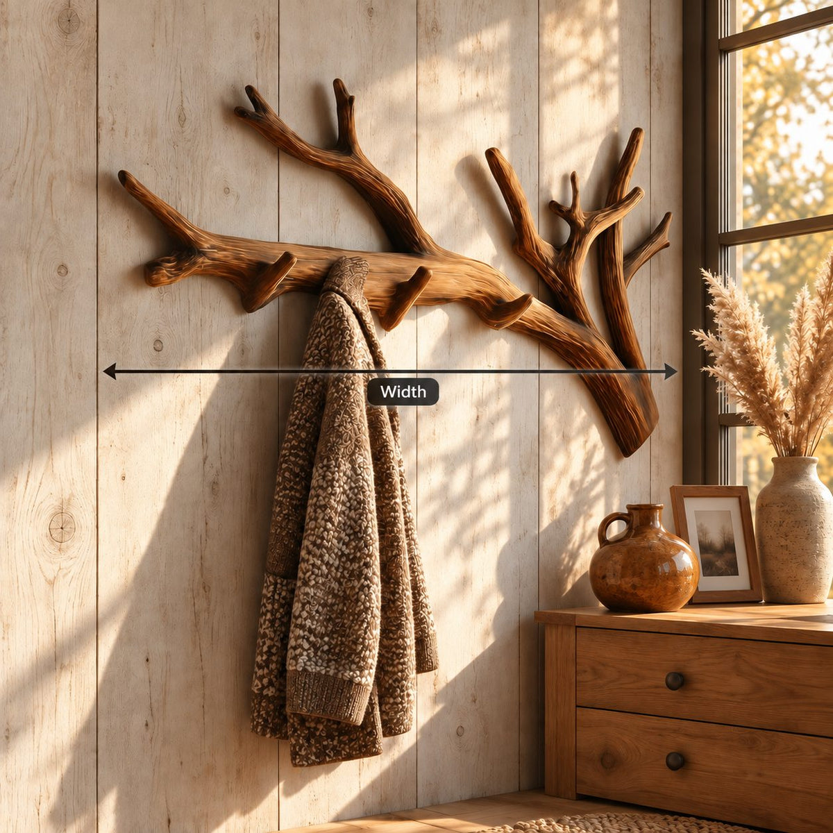 Forked Tree Branch Wall Coat Rack with Peg Hooks, Long Carved Solid Wood Hanger, 60-80 Inch