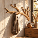 Forked Tree Branch Wall Coat Rack with Peg Hooks, Long Carved Solid Wood Hanger, 60-80 Inch