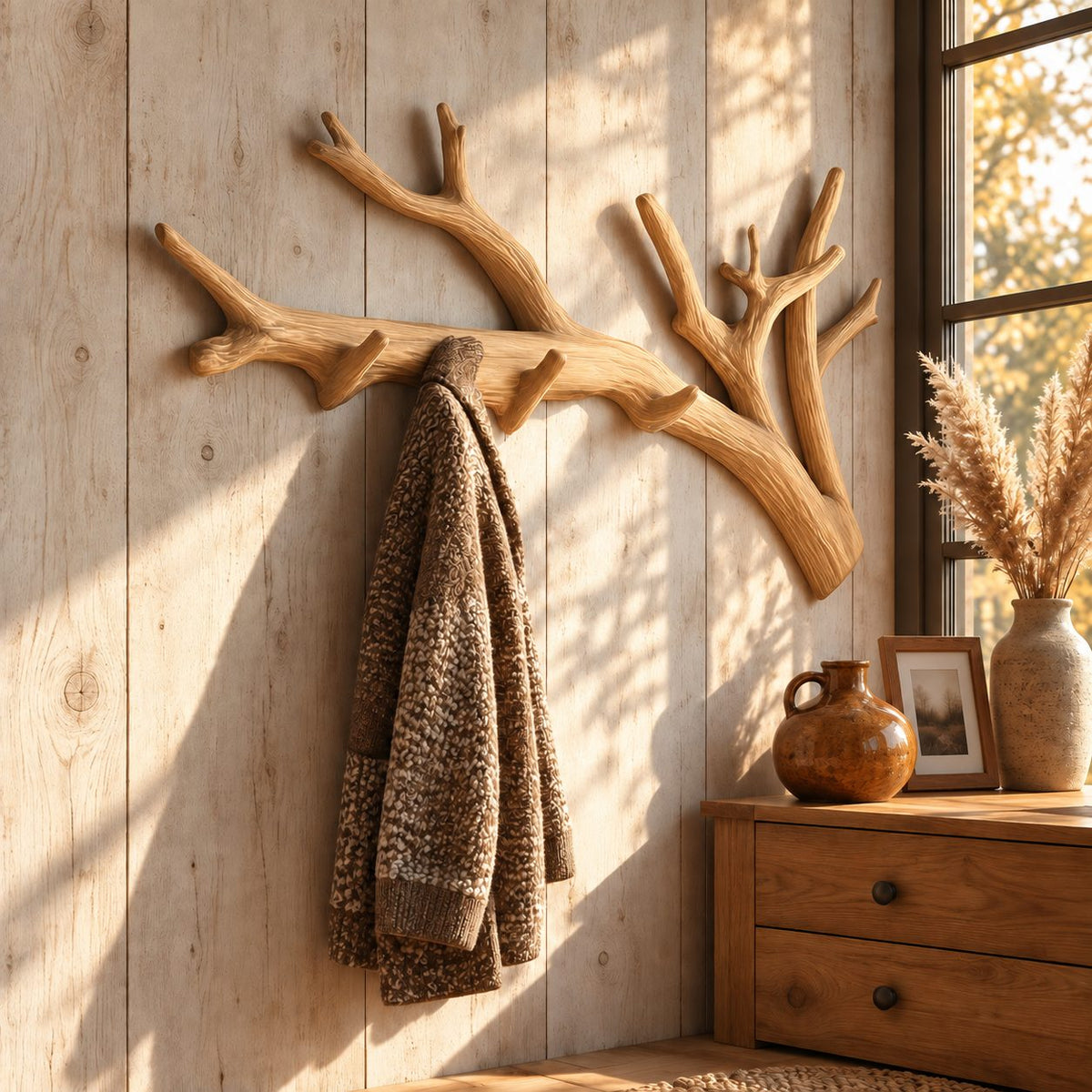 Forked Tree Branch Wall Coat Rack with Peg Hooks, Long Carved Solid Wood Hanger, 60-80 Inch
