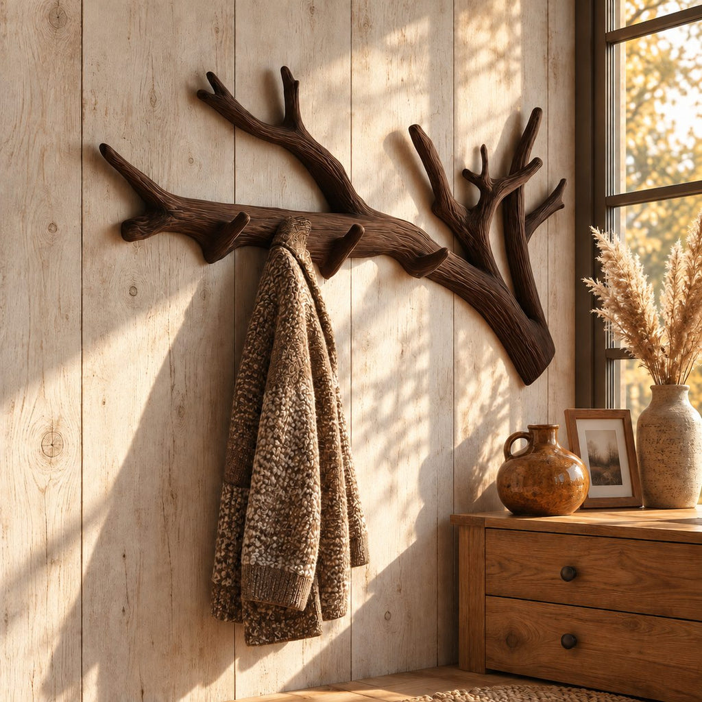 Forked Tree Branch Wall Coat Rack with Peg Hooks, Long Carved Solid Wood Hanger, 60-80 Inch