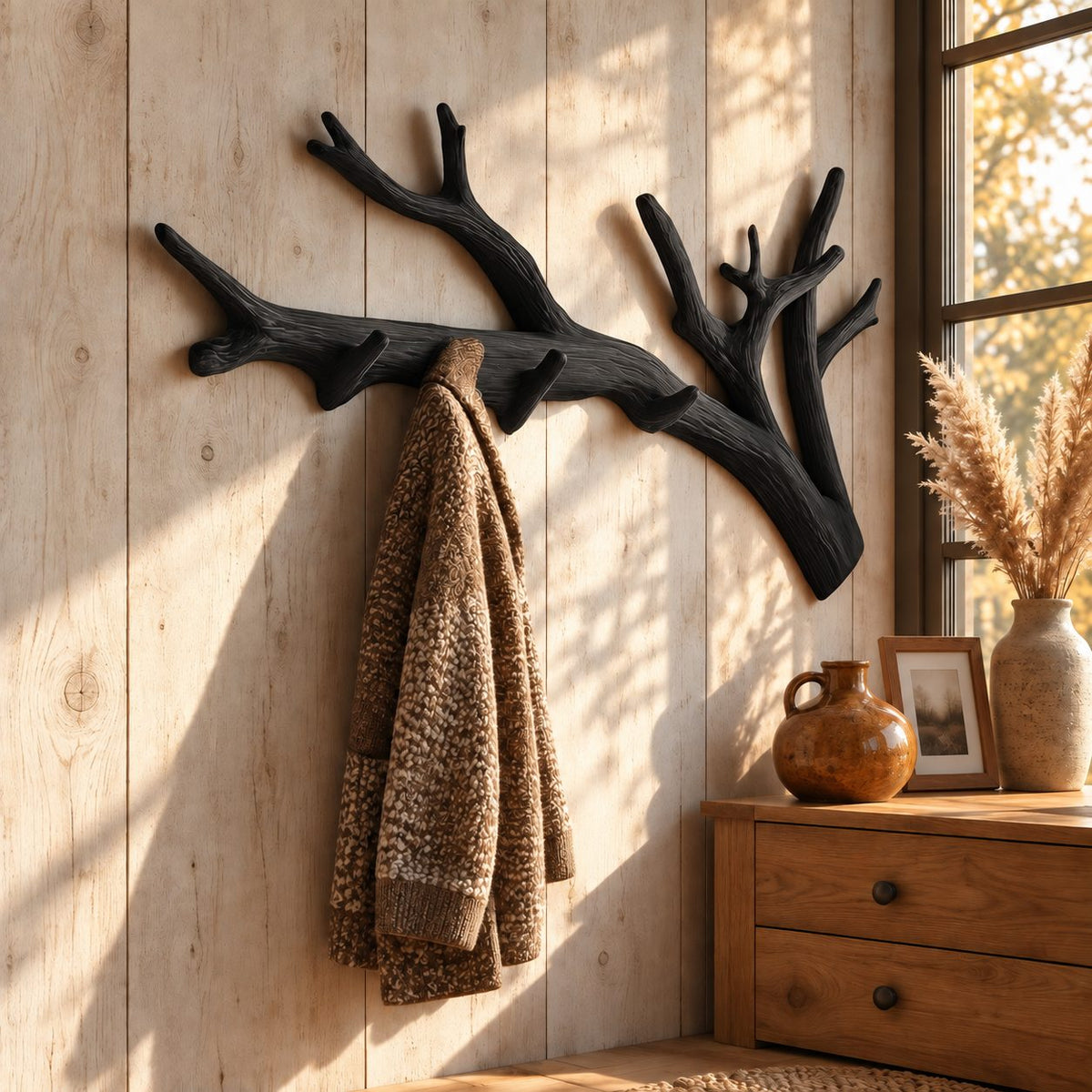 Forked Tree Branch Wall Coat Rack with Peg Hooks, Long Carved Solid Wood Hanger, 60-80 Inch
