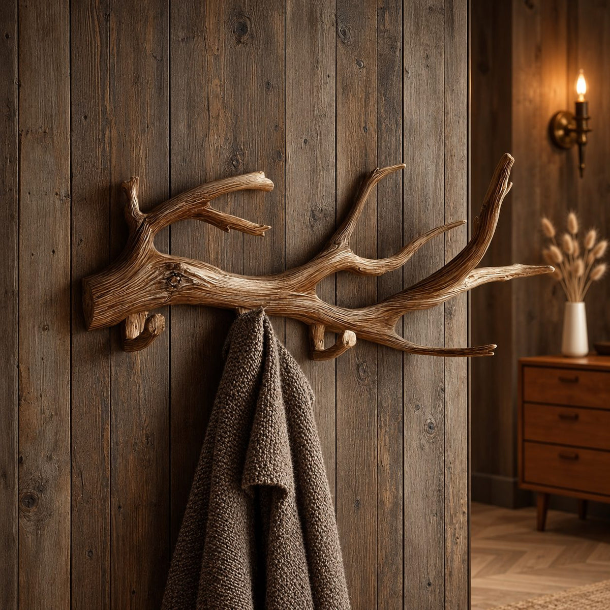 Weathered Driftwood Wall Coat Rack with Peg Hooks, Carved Solid Wood Branch Hanger, 60-80 Inch