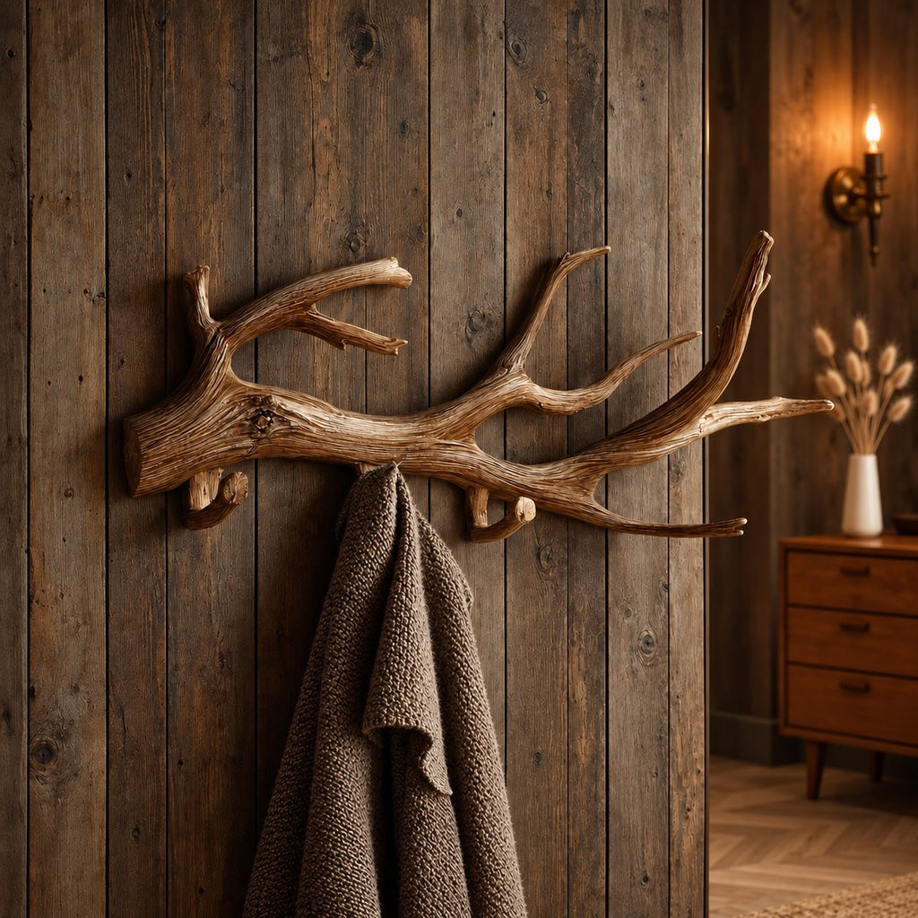 Weathered Driftwood Wall Coat Rack with Peg Hooks, Carved Solid Wood Branch Hanger, 60-80 Inch