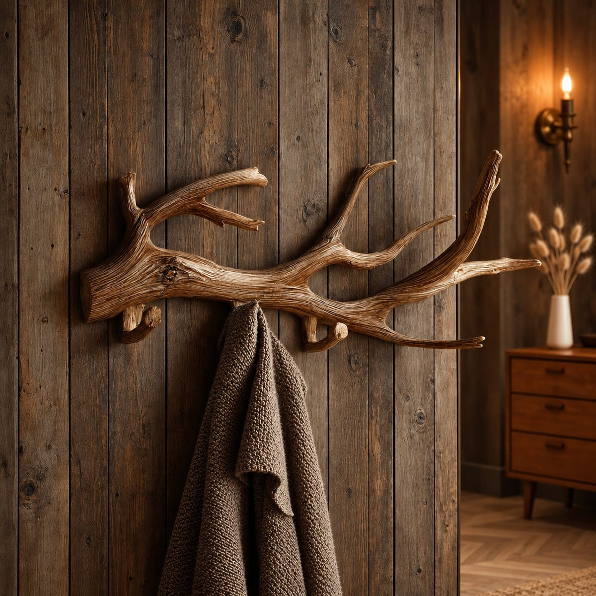 Weathered Driftwood Wall Coat Rack with Peg Hooks, Carved Solid Wood Branch Hanger, 60-80 Inch