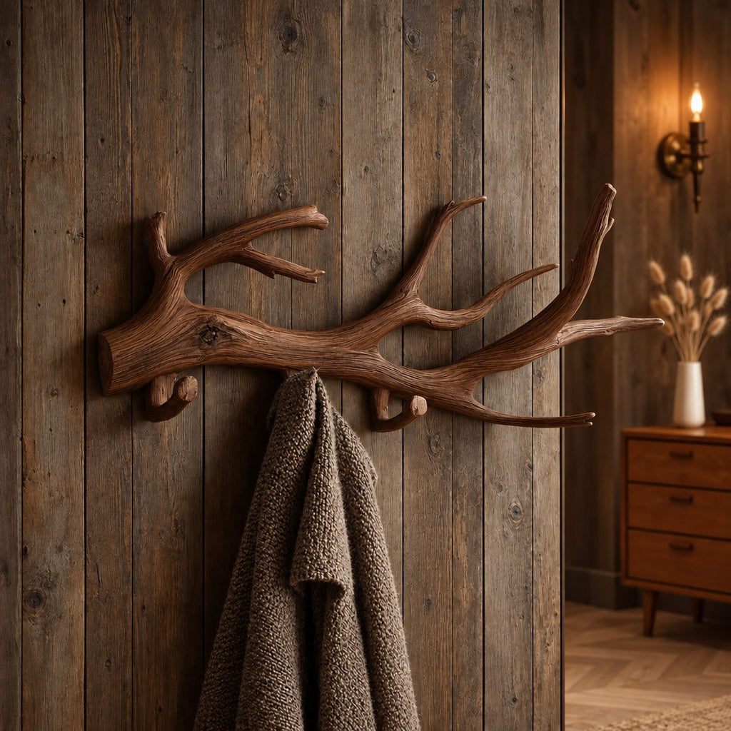 Weathered Driftwood Wall Coat Rack with Peg Hooks, Carved Solid Wood Branch Hanger, 60-80 Inch