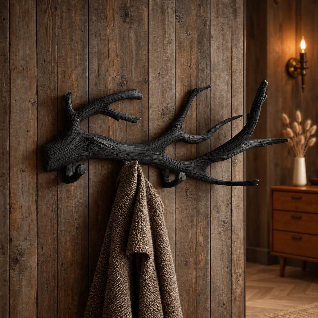 Weathered Driftwood Wall Coat Rack with Peg Hooks, Carved Solid Wood Branch Hanger, 60-80 Inch