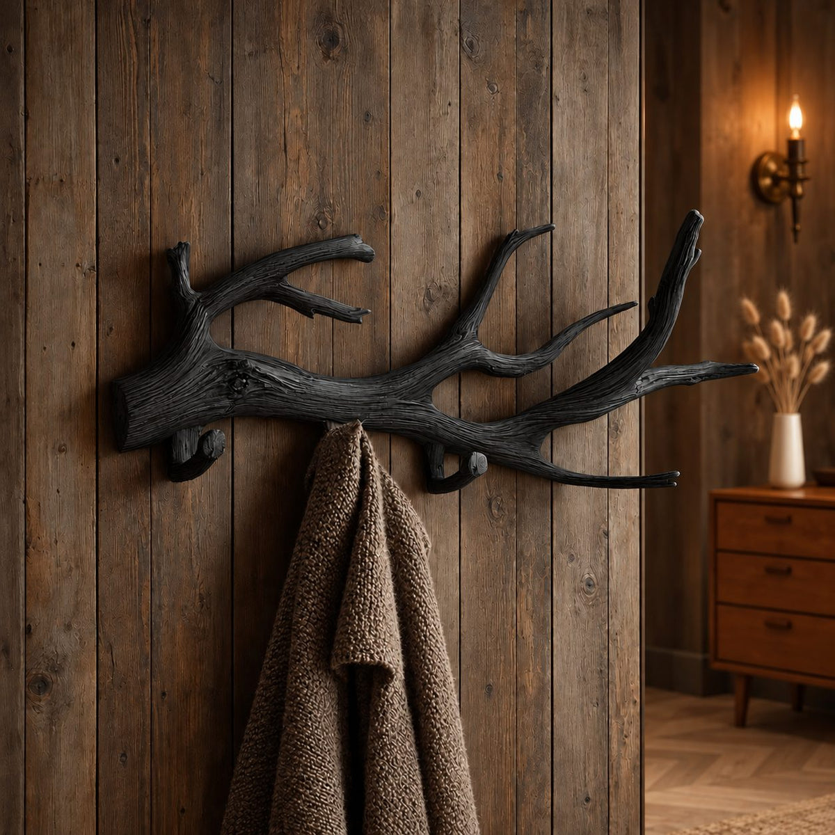 Weathered Driftwood Wall Coat Rack with Peg Hooks, Carved Solid Wood Branch Hanger, 60-80 Inch