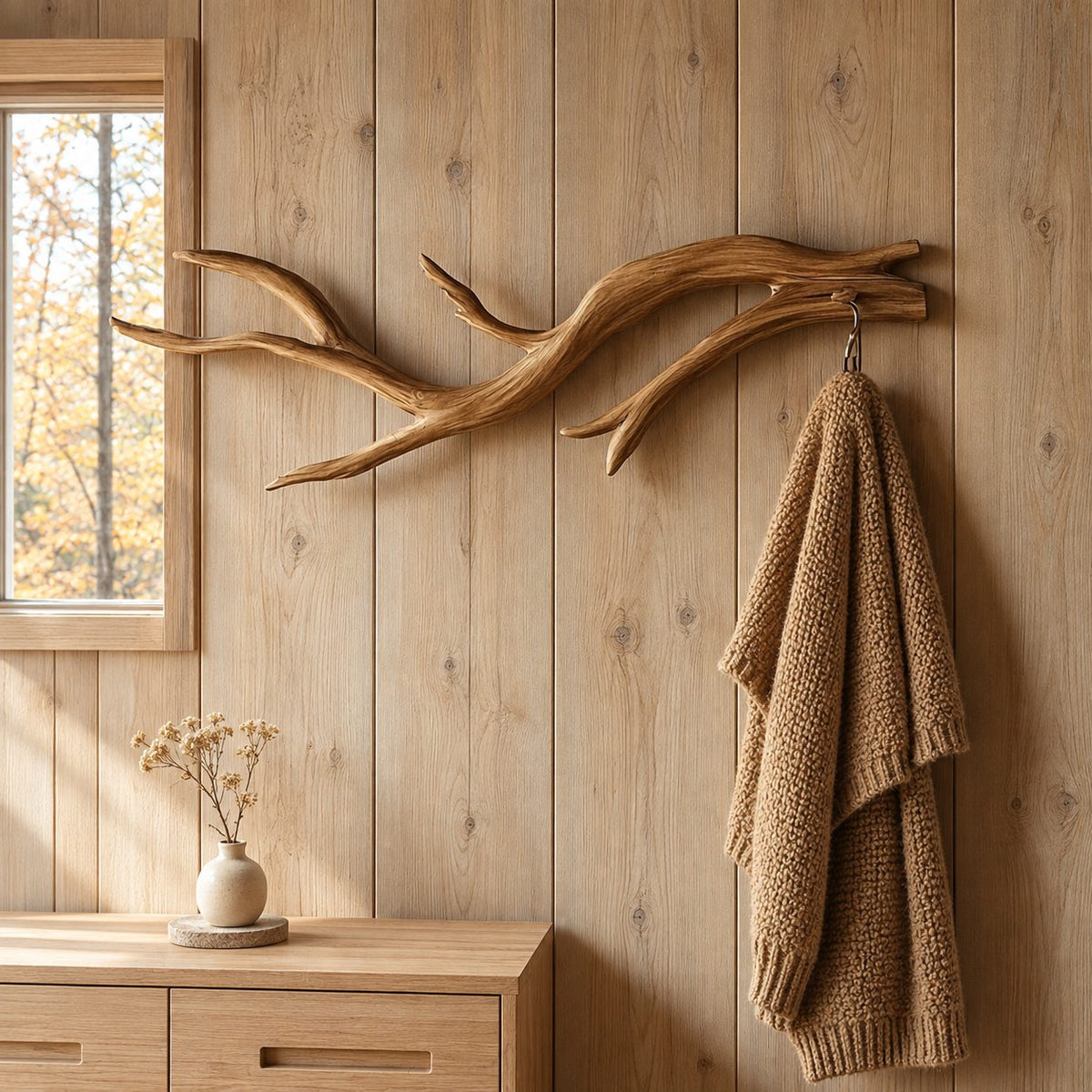 Slender Curved Branch Wall Coat Hook, Minimal Carved Solid Wood Hanger for Entryway, 60-80 Inch