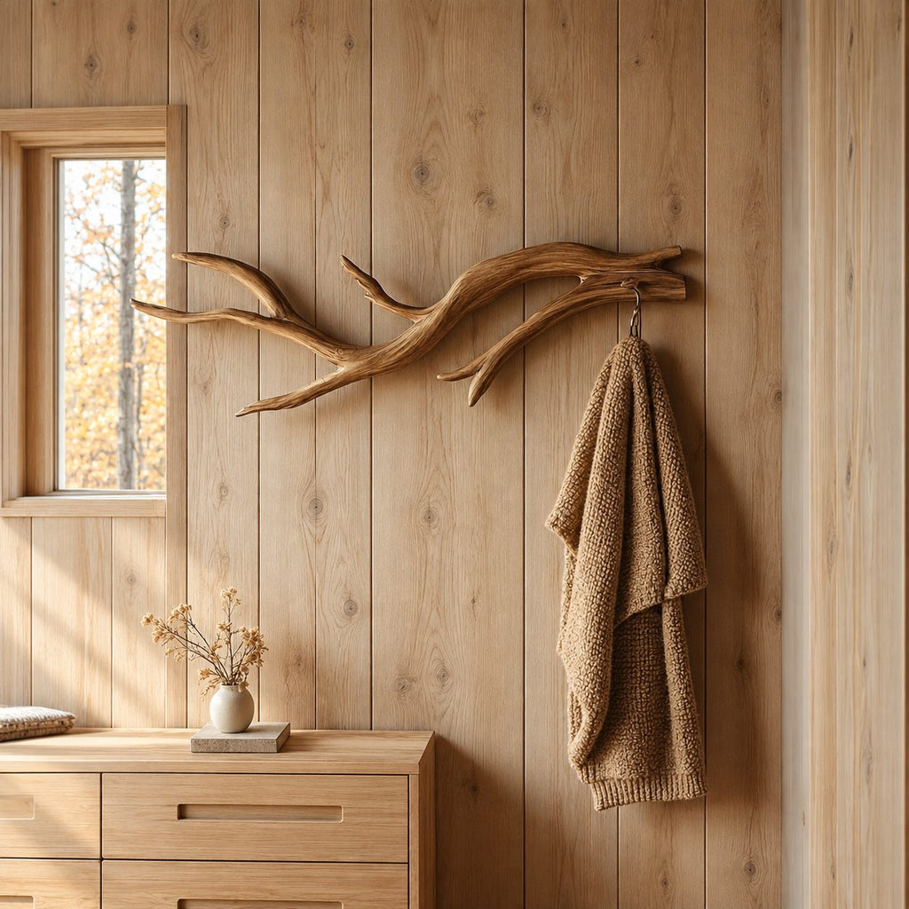 Slender Curved Branch Wall Coat Hook, Minimal Carved Solid Wood Hanger for Entryway, 60-80 Inch
