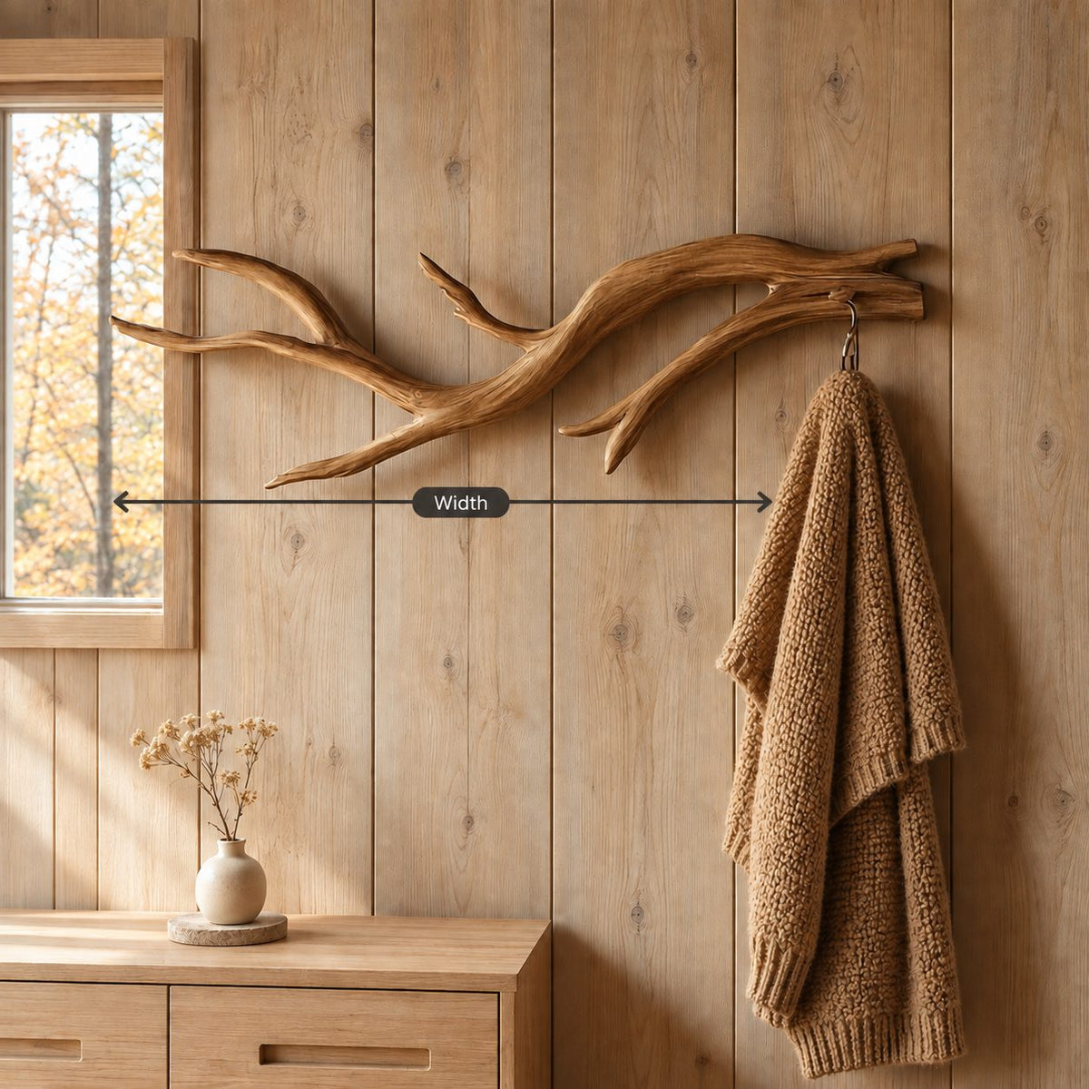 Slender Curved Branch Wall Coat Hook, Minimal Carved Solid Wood Hanger for Entryway, 60-80 Inch