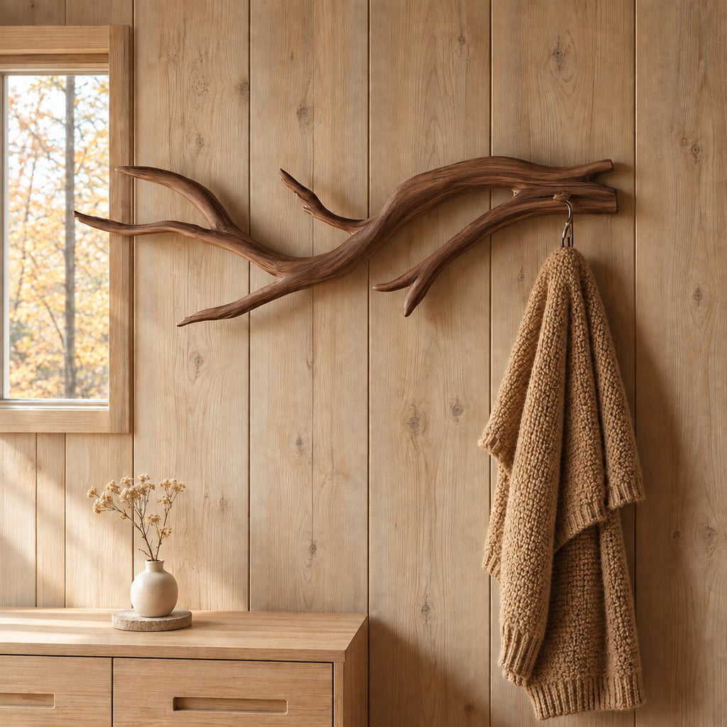 Slender Curved Branch Wall Coat Hook, Minimal Carved Solid Wood Hanger for Entryway, 60-80 Inch