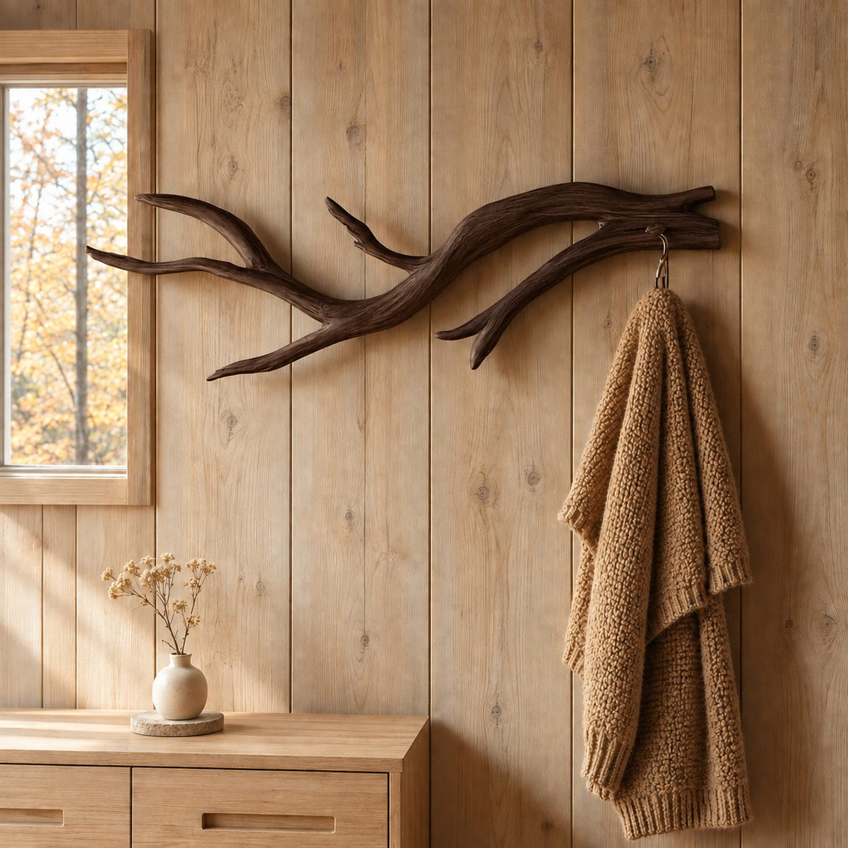 Slender Curved Branch Wall Coat Hook, Minimal Carved Solid Wood Hanger for Entryway, 60-80 Inch