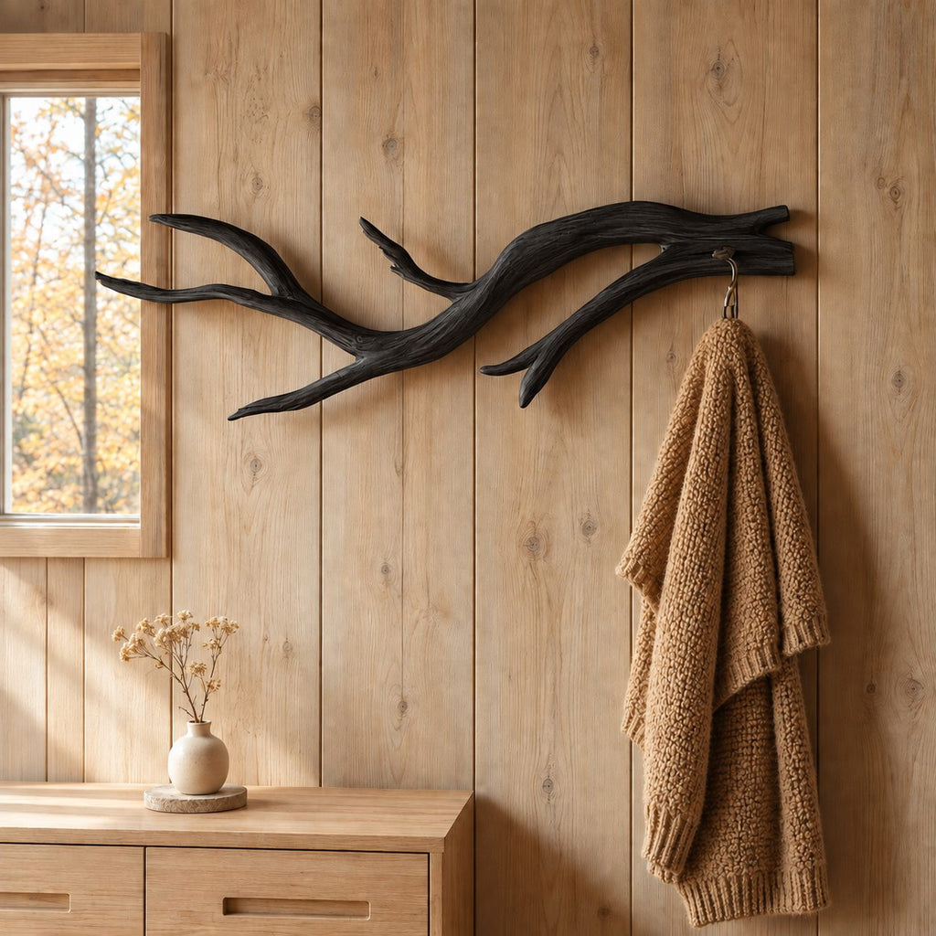Slender Curved Branch Wall Coat Hook, Minimal Carved Solid Wood Hanger for Entryway, 60-80 Inch