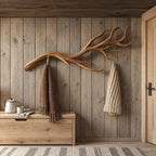 Antler Fork Branch Wall Coat Rack, Carved Solid Wood Hanger with Upswept Tines, 60-80 Inch